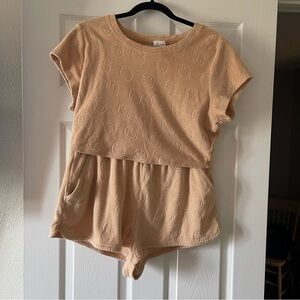 Offline by Aerie Tan Summer Lights Terry Smiley Crop Top & Shorts Lounge Set